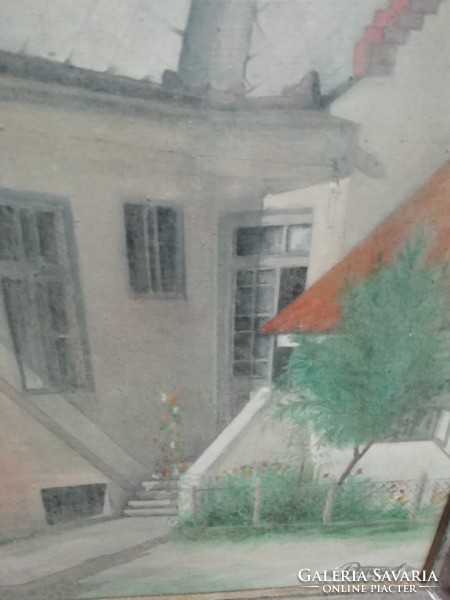 Antik  csendélet olaj vászon festmény jelzett utca jelenet