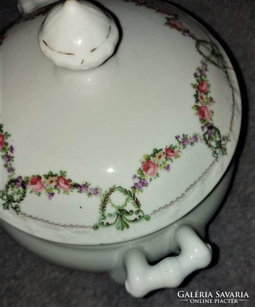Antique Czech faience white baroque spherical bowl with rose garland blended victorian lid flawless!