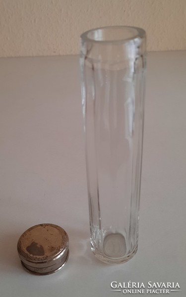 Antik öntött üveg fogkefe tartó fém fedéllel