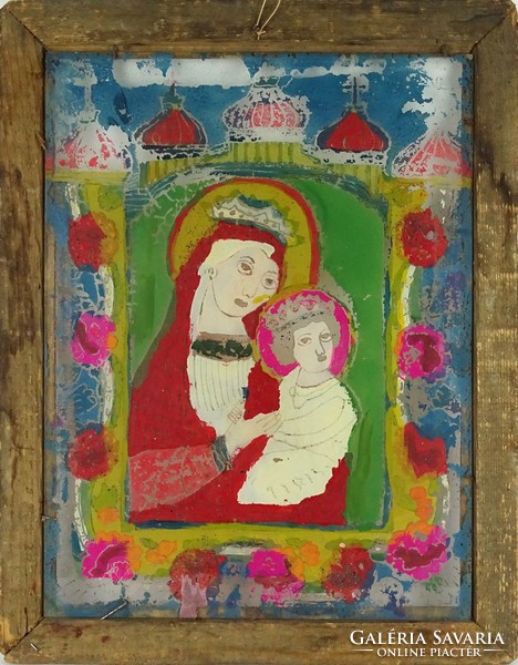 1G440 Antik erdélyi üveg ikon : Mária gyermekével
