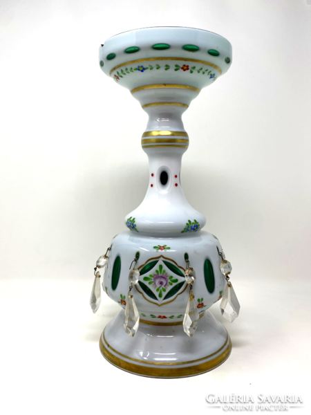 Large, Czech, green-and-white ubiquitous, hand-painted glass vase decorated with crystals - cz