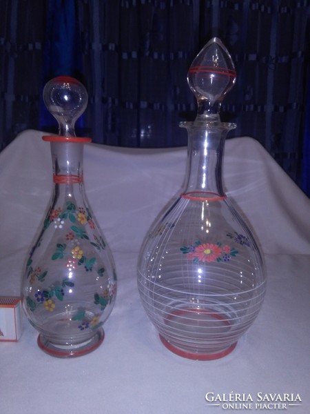 Old hand-painted decanter with liqueur and wine in glass - two pieces together