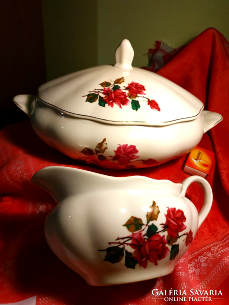 Meseszép rózsás porcelán leveses kínáló tál, asztalközép