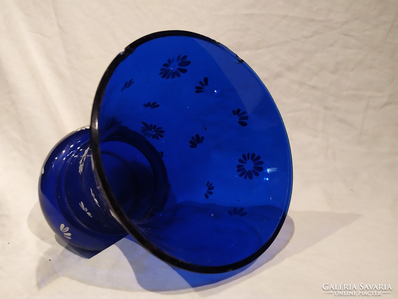 Old cobalt blue painted floral glass vase