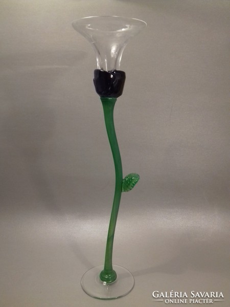 Kézműves jelzett virág forma üveg gyertyatartó 35 cm
