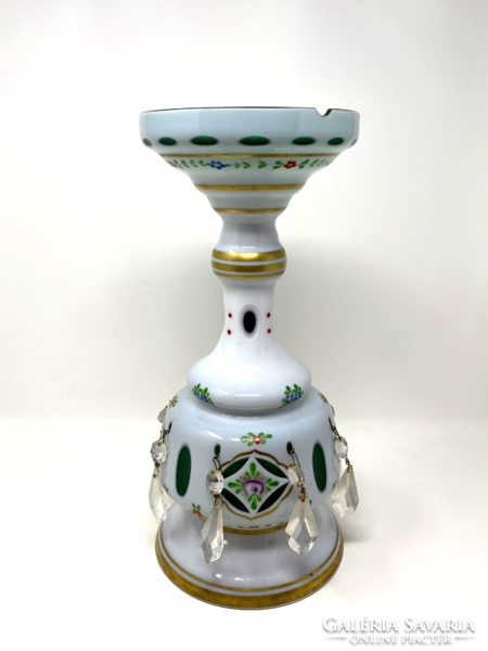 Large, Czech, green-and-white ubiquitous, hand-painted glass vase decorated with crystals - cz