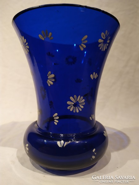 Régi kobalt kék festett virágos üveg váza