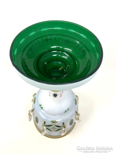 Nagy méretű, cseh, kristályokkal díszített zöld-fehér  überfangos, kézzel festett üveg váza - CZ