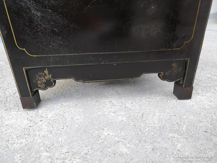 Antik kínai bútor festett gyöngyház dombor berakásos gésa fekete lakk szekrény 4606