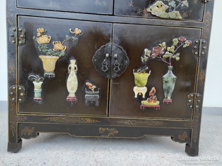 Antique Chinese Furniture Painted Pearl Embossed Geisha Black Lacquer Cabinet 4606