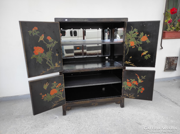Antique Chinese Furniture Painted Pearl Embossed Geisha Black Lacquer Cabinet 4606