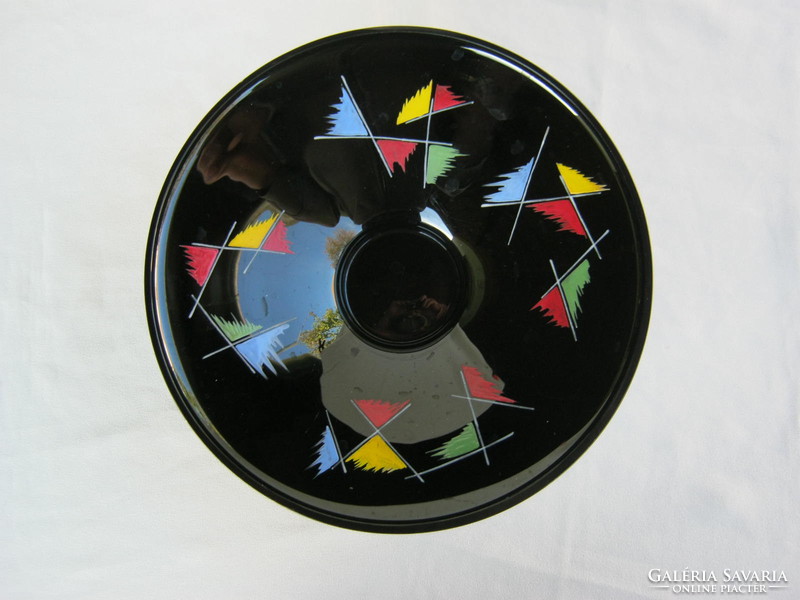 Retro ... fekete üveg tál színes mintákkal asztalközép kínáló