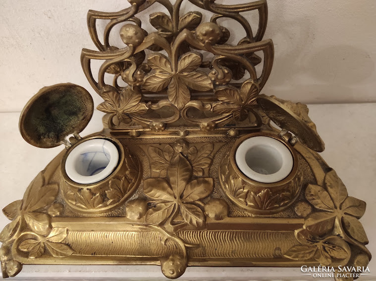 Antique Art Nouveau Art Nouveau tabletop copper ink holder with letter holder and porcelain inserts