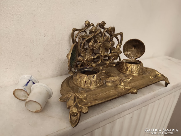 Antik szecesszió jugendstil asztali réz tintatartó levél tartó porcelán betétekkel