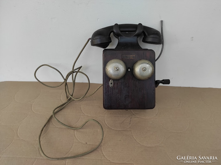 Antik falra szerelhető fa dobozos kagylós kurblis telefon