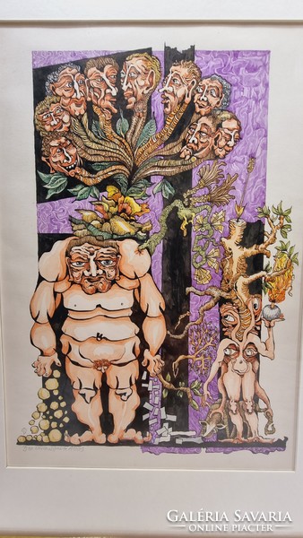 A teremtés története/Nemek megnyugtatása' sorozat, rézkarc-akvarell technika, Ripé szignóval,1980-as
