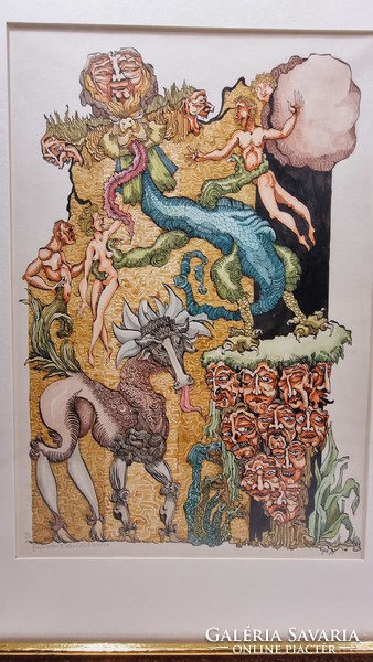 A teremtés története/Nemek megnyugtatása' sorozat, rézkarc-akvarell technika, Ripé szignóval,1980-as