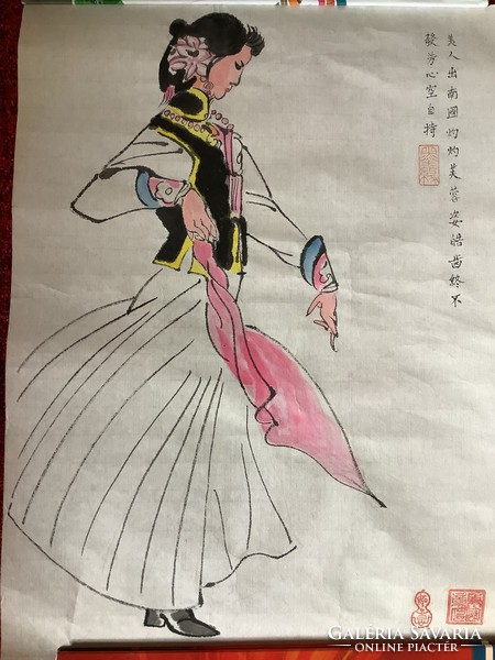 Kínai női szépség tus festmény rizspapíron akvarell pecsét