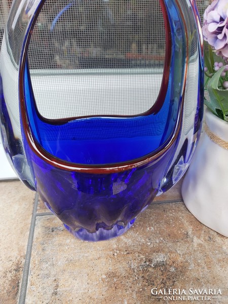 Gyönyörű( Bohemia ? Muránói  ? )cseh üveg díszkosár kosár  színes dísz kék Gyűjtői darab