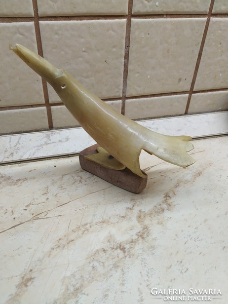 Retro carved horn bird on alabaster pedestal and wooden base for sale!