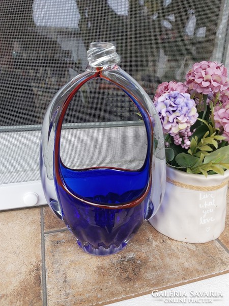 Gyönyörű( Bohemia ? Muránói  ? )cseh üveg díszkosár kosár  színes dísz kék Gyűjtői darab
