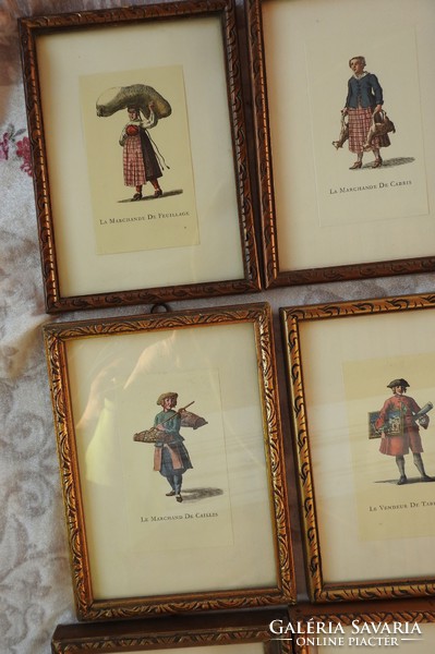 Old French print collection - professions - 9 framed color art prints in one