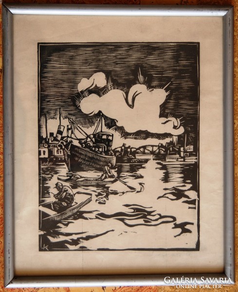 Árpád Kocsis (1914-1985): harbor scene - linoleum engraving, framed