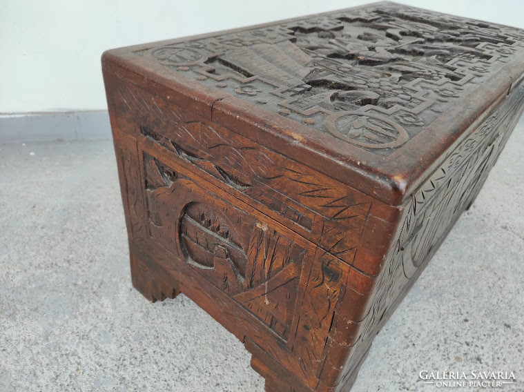 Antique Chinese Richly Carved Brown Wood Hardwood Chest Equestrian Fight Scene With Chest Of Drawers Asia