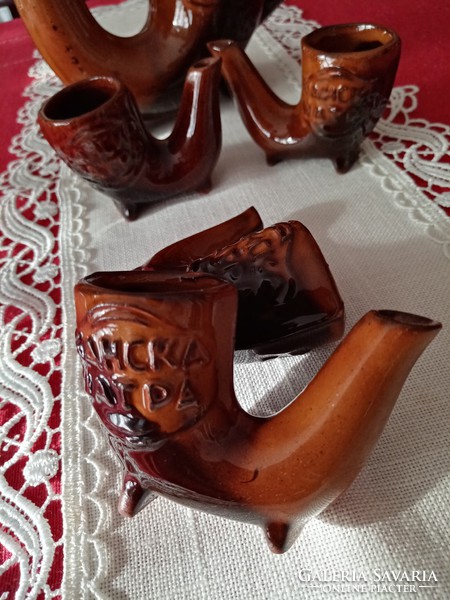 Brown glazed Bulgarian 'suction' ceramic drinking set 1+4 pcs - pipe shape, spout and glass
