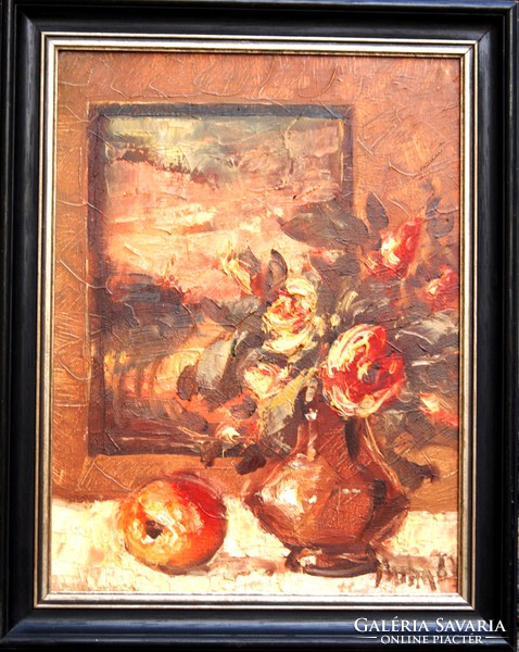 Miha: expressive still life with apples, 1967 - oil painting, framed