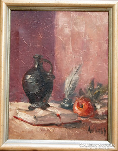 Miha: still life with book and apple, 1967 - oil painting, framed
