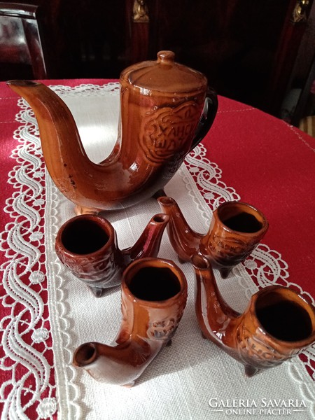 Brown glazed Bulgarian 'suction' ceramic drinking set 1+4 pcs - pipe shape, spout and glass