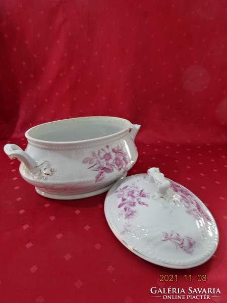 Német porcelán leveses tál, antik, rózsaszín virággal, hossza 31 cm. Vanneki!