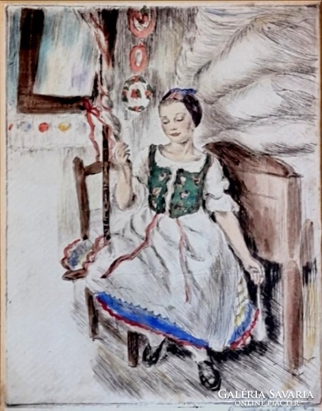 Fk/131 - István Rimasha - girl in celebration /colored etching/