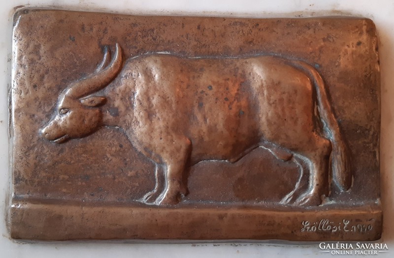 Endre Szőllősi: buffalo, bronze plaque, small sculpture, relief, 1940