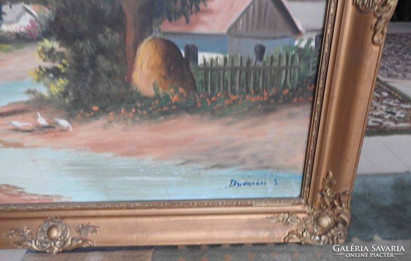 Sándor Budavári - village life picture - oil / canvas painting in blondel frame