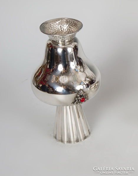 Silver vase with red stone decoration