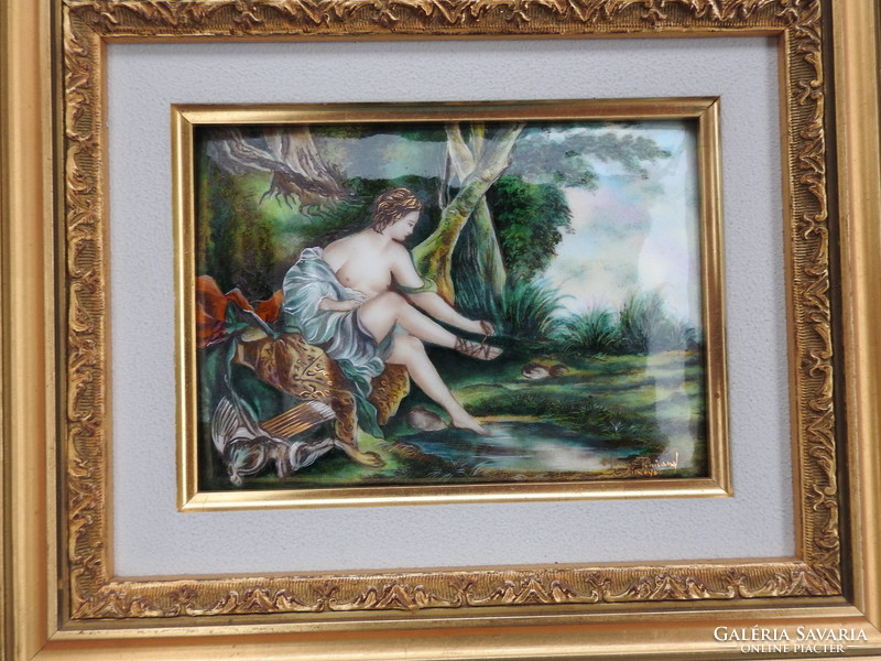 Limoges French fire enamel image - marked - diana, the Greek goddess of hunting, is preparing for a bath.