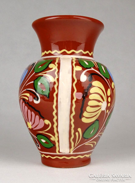 1G475 Barna mázas festett virágmintás kerámia váza 14.5 cm
