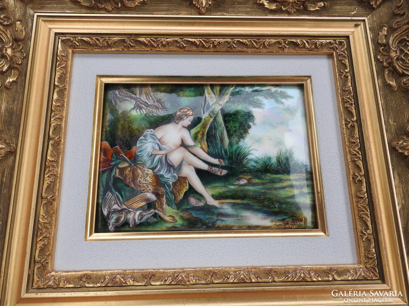 Limoges French fire enamel image - marked - diana, the Greek goddess of hunting, is preparing for a bath.