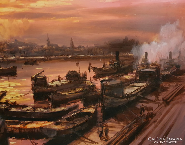 Bánfalvy Ákos: Budapesti látkép hajókkal, olajfestmény