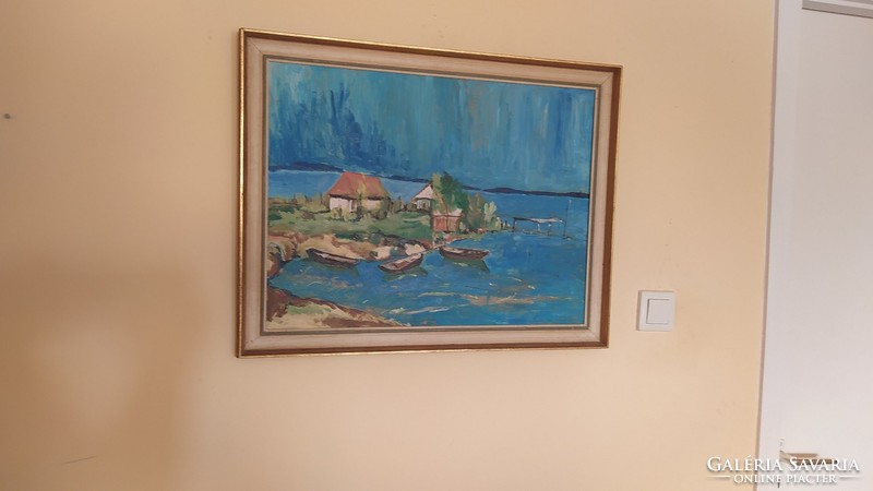 Hanyag eleganciával megfestett vízpart, csónakok festmény 52x67 cm