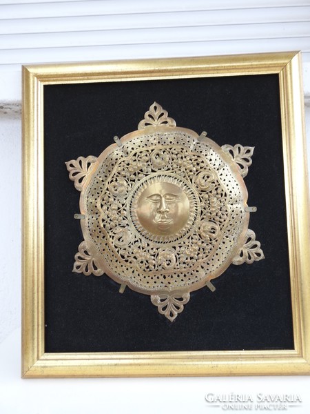 Sun god- huge copper relief in golden thick wooden frame