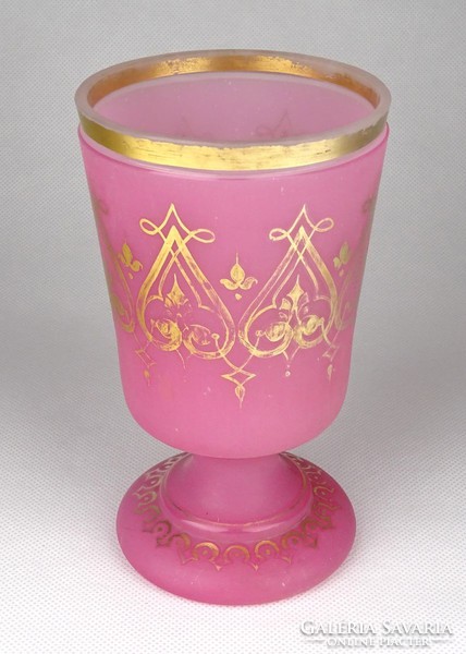 1F759 xix. Century gilded pink Biedermeier blown glass cure cup 14 cm