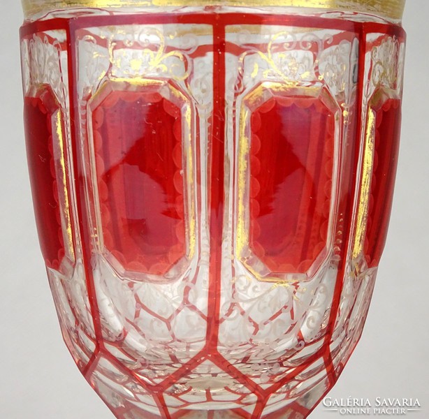 1F761 XIX. századi csiszolt bíborpácolt Biedermeier fújt üveg kúrapohár fürdőpohár 14 cm