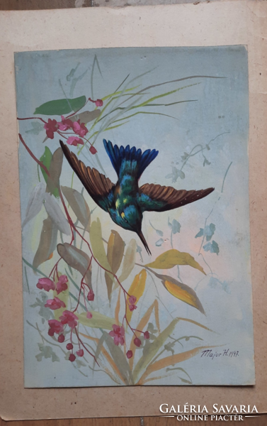Kék madár, 1947 - Major Henrik (1895 - 1948) 18x25 cm meseszerű kis festmény