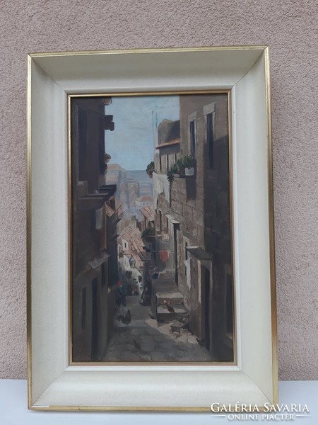 Mediterrán utcakép.Vászonra festett olajfestmény.40 x 24 cm.