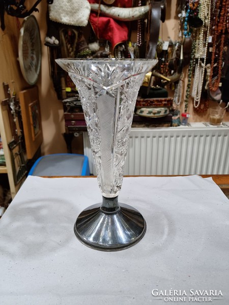 Régi alpacca talpas kristály váza