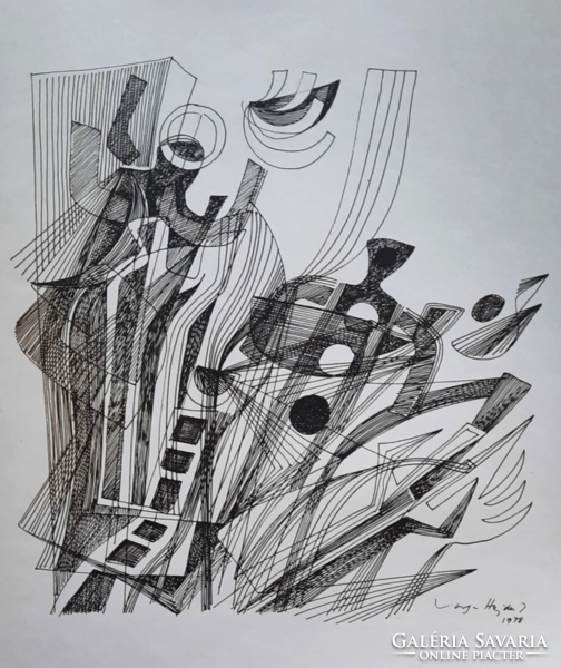 István Varga Hajdú constructivist graphics from 1978, print made after line drawing - angel