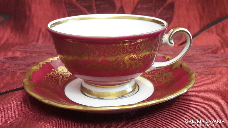 Burgundy porcelain coffee cup with plate